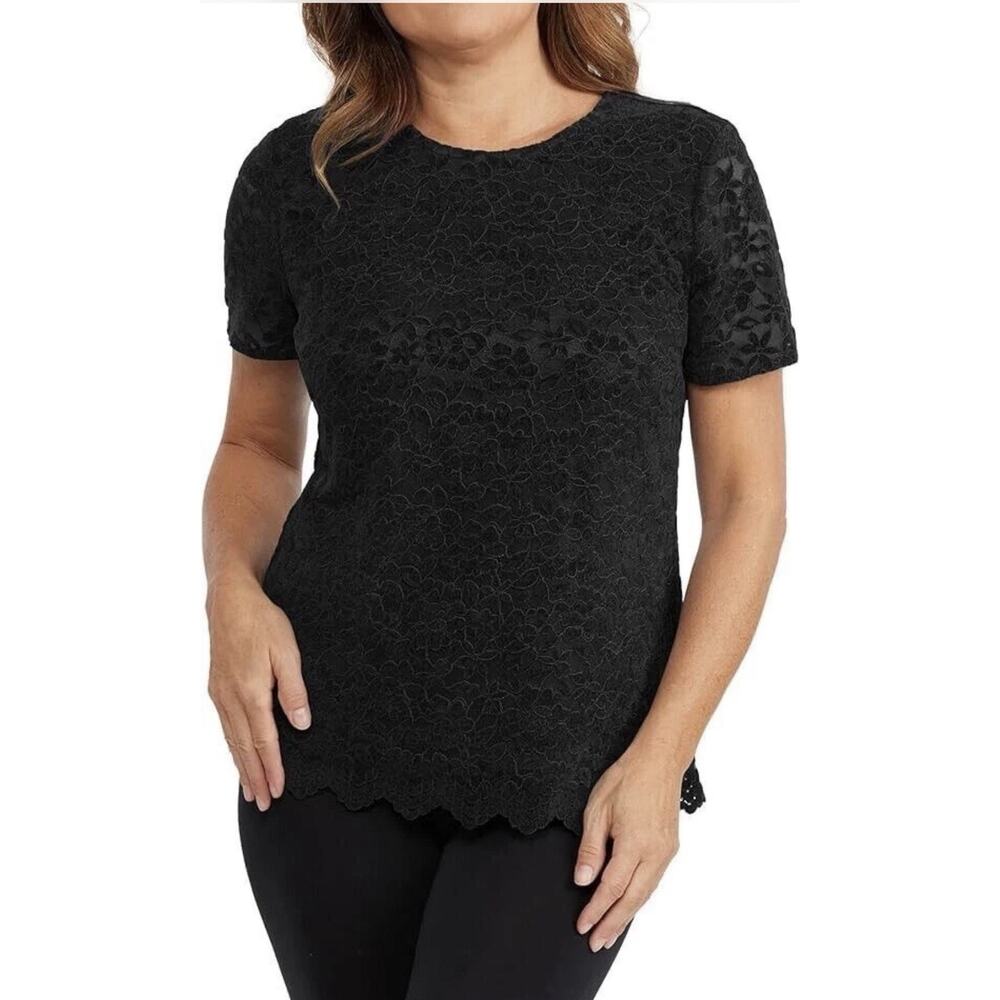 Teddi Rose Women's Lacy Keyhole Top Black Size Medium Fully Lined Sheer Sleeves